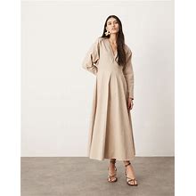 ASOS EDITION V Neck Long Sleeve Midaxi Dress In Stone-Neutral - Neutral (Size: 14)