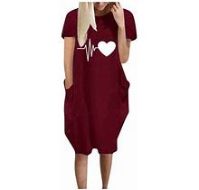 Fhsagq Women's Plus Petite Dresses Women Casual Heart-Shaped Print Dress Round Tie Pocket Short Sleeve Dress XL