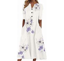 Summer Savings Clearance 2022! Befoka Spring Dresses Fashion Women Casual Loose Butterfly Printing V-Neck Half Sleeve Button Pockets Long Dress White