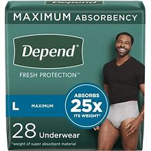 Depend Fresh Protection Adult Incontinence Underwear For Men, Maximum, L, Grey, 28Ct