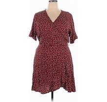 City Chic Casual Dress - Wrap V-Neck Short Sleeves: Burgundy Print Dresses - Women's Size 22 Plus