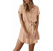 Womens Dresses Casual Summer Button Down Dress V Neck Short Sleeve Belted Pocket T-Shirt Dresses Simple Clothing