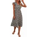 Floral Midi Dress For Women Summer V Neck Ruffle Cap Sleeve A-Line Swing Sundress