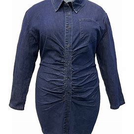 Plus Size Casual Denim Dress, Women's Plus Solid Ruched Long Sleeve Button Up Lapel Collar Shirt Denim Dress,Royal Blue,Reliable,Temu