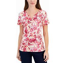 Karen Scott Women's Short-Sleeve Floral-Print Henley Top, Created For Macy's - Steel Rose - Size XS