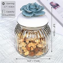 Homeyhoney 22 Oz Decorative Glass Jars With Airtight Lids, Handmade Blue Porcelain Rose On Lid, Decorative Glass Canisters With Airtight Lids, Glass