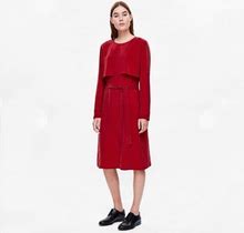 Cos Dresses | Cos Red Layered Bodice Tie Waist Long Sleeve Midi Dress Size 2 Xs | Color: Red | Size: 2