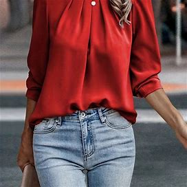 Solid Color Crew Neck Puff Sleeve Blouse, Women's Casual Crew Neck Long Sleeve Spring Fall Women's Clothing Puff Sleeve Blouse,Red,Reliable,Temu