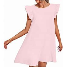 Bonixoom Sexy Dresses For Women Date Night Love Anniversary Crew Neck Tab Sleeveless Ruffles Lingerie Solid Pink Dresses