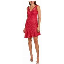 Adrianna Papell Womens Pink Stretch Lace Zippered Asymmetrical Hem Sleeveless V Neck Short Evening Fit + Flare Dress 12