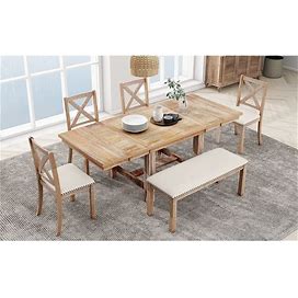 Farmhouse 82Inch 6-Piece Extendable Dining Table With Footrest - Natural