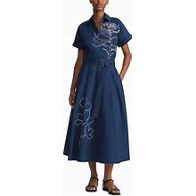 Lafayette 148 New York Women's Cotton Embroidered Belted Midi Dress - Blue - Size XS - Midnight Blue