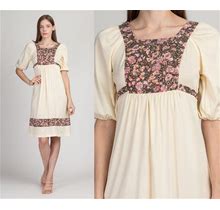 Small 70S Puff Sleeve Prairie Dress | Vintage Cream Floral Boho A Line Midi Dress