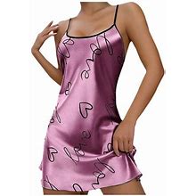 Women's Slip Silk Mini Dress Scoop Neck Spaghetti Strap Sleeveless Love Heart Printing Fashion Summer Dress For Elegant Lady Casual Criss Cross Blackl