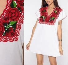 White Mexican Dress Mini Embroidered Boho Cotton Tent Hippie Floral Bohemian Vintage Embroidery Traditional Large Xl L