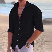 Black Solid Color Spring & Summer Outdoor Street Clothing Apparel Button-Down 2XL