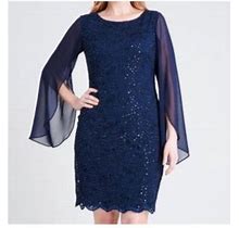 Connected Apparel Womens Navy Stretch Lace Long Chiffon-Sleeve Scoop Neck Above The Knee Evening Sheath Dress Plus 24W