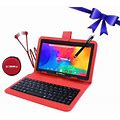 Linsay 7" Super Bundle Quad Core 2GB RAM 32Gb Storage Newest Android 12 Wi-Fi Tablet, Bluetooth, With Keyboard Red Leather Keyboard, Earbuds And Pen S