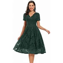 Ovbmpzd Women's Lace Short Sleeves Party Dress Cocktail Prom Ballgown Vintage Dress Green L