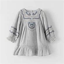 Zara Dresses | Zara Little Girls Marl Embroidered Peasant Long Sleeve Dress Gray Blue Size 4-5 | Color: Blue/Gray | Size: 4G