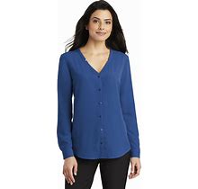 Port Authority LW700 Women's Long Sleeve Button-Front Blouse In True Blue Size Small | Polyester