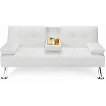 Costway Convertible Folding Futon Sofa Bed Leather W/Cup Holders&Armrests White