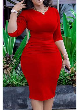 Red Ruched Midi Dress Plus Size Crew Neck Long Sleeves Casual Elegant Solid Night Club One Step Skirt Dresses(Red/L)
