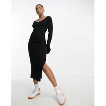 ASOS DESIGN Knitted Midi Dress With V Neck In Rib In Black - Black (Size: 0)