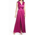 Dress THE Population Womens Pink Stretch Ruched Zippered Cinched Waist Belted Slitted Sleeveless V Neck Full-Length Evening Fit + Flare Dress XS