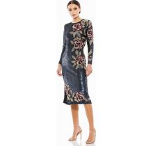 Women's Sequined Asymmetrical Floral Long Sleeve Midi Dress - Midnight