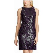 Ralph Lauren Womens Purple Sequined Embroidered Floral Sleeveless Above The Knee Cocktail Dress 16
