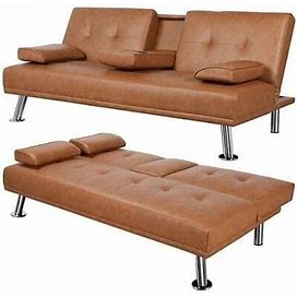 Brown Modern Faux Leather Cup Holders Convertible Sofa Bed Futon