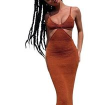 Calsunbaby Womens Knitted Cut Out Spaghetti Strap Long Dresses Halter Neck Backless Maxi Dress Brown M