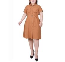 Ny Collection Plus Size Short Sleeve Belted Shirt Dress - Meerkat