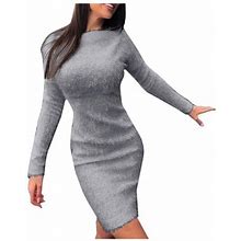 Womens Dresses Long Sleeve Autumn Winter Knit Turtleneck Solid Color Slim Plush Sweater Casual Dress Grey Xxxl