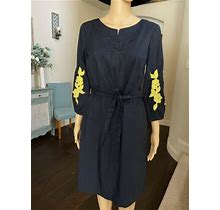Talbots Navy Blue Tunic Shift Dress Balloons Sleeve Yellow Embroidered