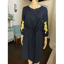 Talbots Navy Blue Tunic Shift Dress Balloons Sleeve Yellow Embroidered