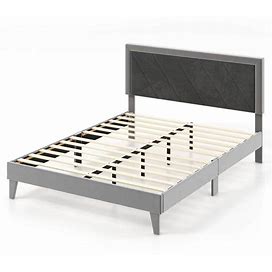 Queen Size Bed Frame Upholstered Platform Velvet Headboard Wooden Slats Gray
