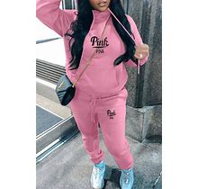 Casual Print Letter Two Pieces Tracksuit Sets Sweat Suit Hooded Collar Long Sleeve Drawstring With Pockets Outfits(Green/S)