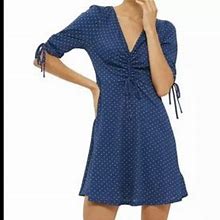 Topshop Dresses | Topshop Ruched 3/4 Sleeve Polka Dot Dress Sz 4 | Color: Blue/White | Size: 4