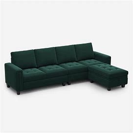 Belffin 4 Seats Sectional Velvet Tufted Sofa With Chaise, Green / Velvet / L-Shaped