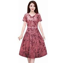Wendunide 2024 Clearance Sales, Dresses For Women 2024 Fashion Women Casual Floral Printed V-Neck Short Sleeve A-Line Dress Long Dress Pink