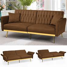 ACMEASE 70" Velvet Futon Sofa Bed With 2 Pillows And Adjustable Armrests, Convertible Sleeper Bed, Modern Loveseat For Living Room, Bedroom, Brown