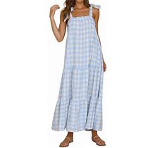 Summer Dress For Women Plaid Spaghetti Strap Square Neck Tiered Ruffle Flowy Maxi Dresses