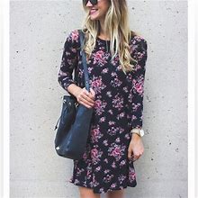 Lush Dresses | Lush Xs Black Pink Burgundy Knit Ribbed Floral Flare Quarter Sleeve Dress | Color: Black/Pink | Size: Xs