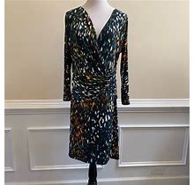 Natori Dresses | Josie Natori Multicolor Long Sleeve Faux Wrap Dress Size L | Color: Black/Green | Size: L