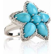 Hsn Turquoise And White Topaz Sterling Silver "Floral" Ring Size 9