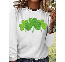 Women's Irish Shamrock Green Clover St Patricks Day Casual Letters Shirt White/3XL