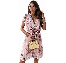 Floral Chiffon Dress - Women's Sexy Deep V-Neck With Ruffle Sleeves, An Elegant Lace-Up A-Line Dress For A Stylish And Graceful Look Pink M