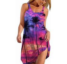 Sun Dresses For Women Round Neck Hawaiian Tropical Print Boho Beach Dress Ladies Casual Comfy Swing Mini Sundress